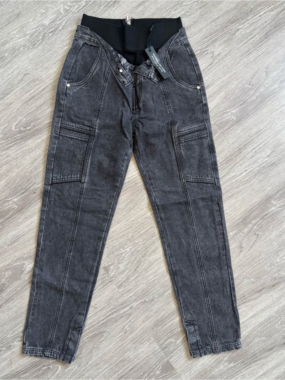 Maniere De Voir Black Washed High-Waist Foldover Cargo Jeans